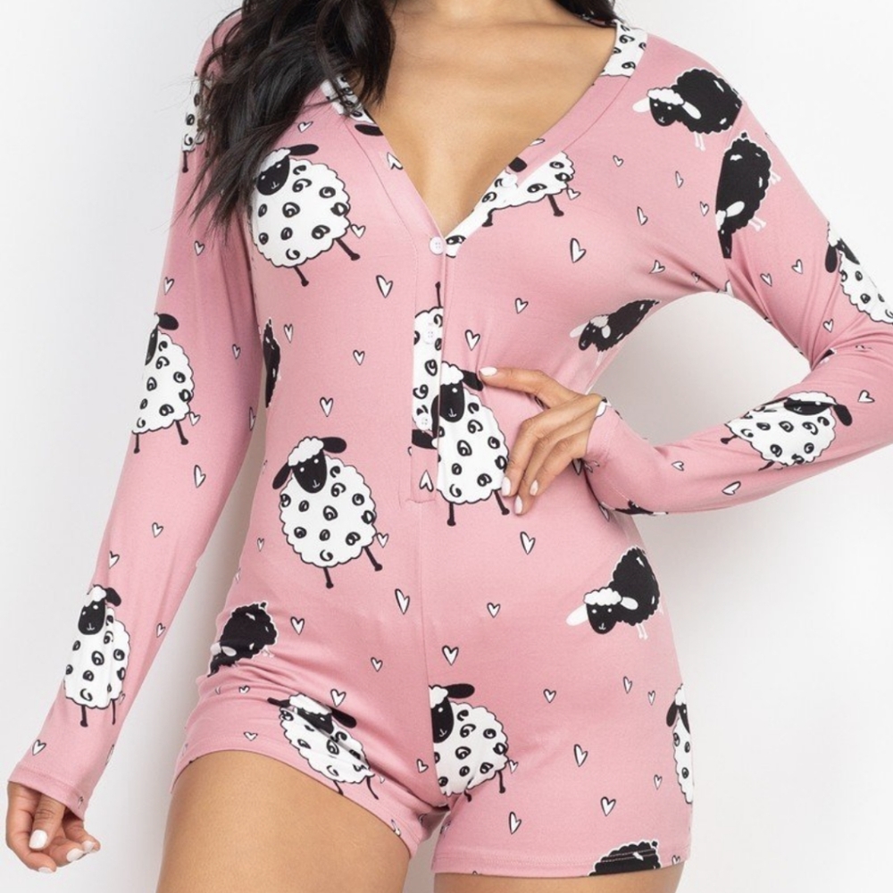 Sheep print v-neck button romper